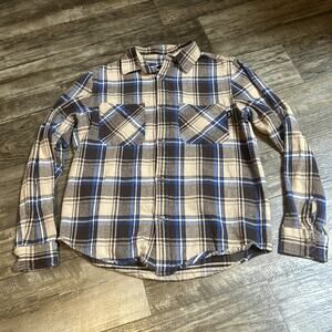 Stussy Flannel Shirt Button Up Mens S Plaid Black Blue Tab Logo Surf Streetwear